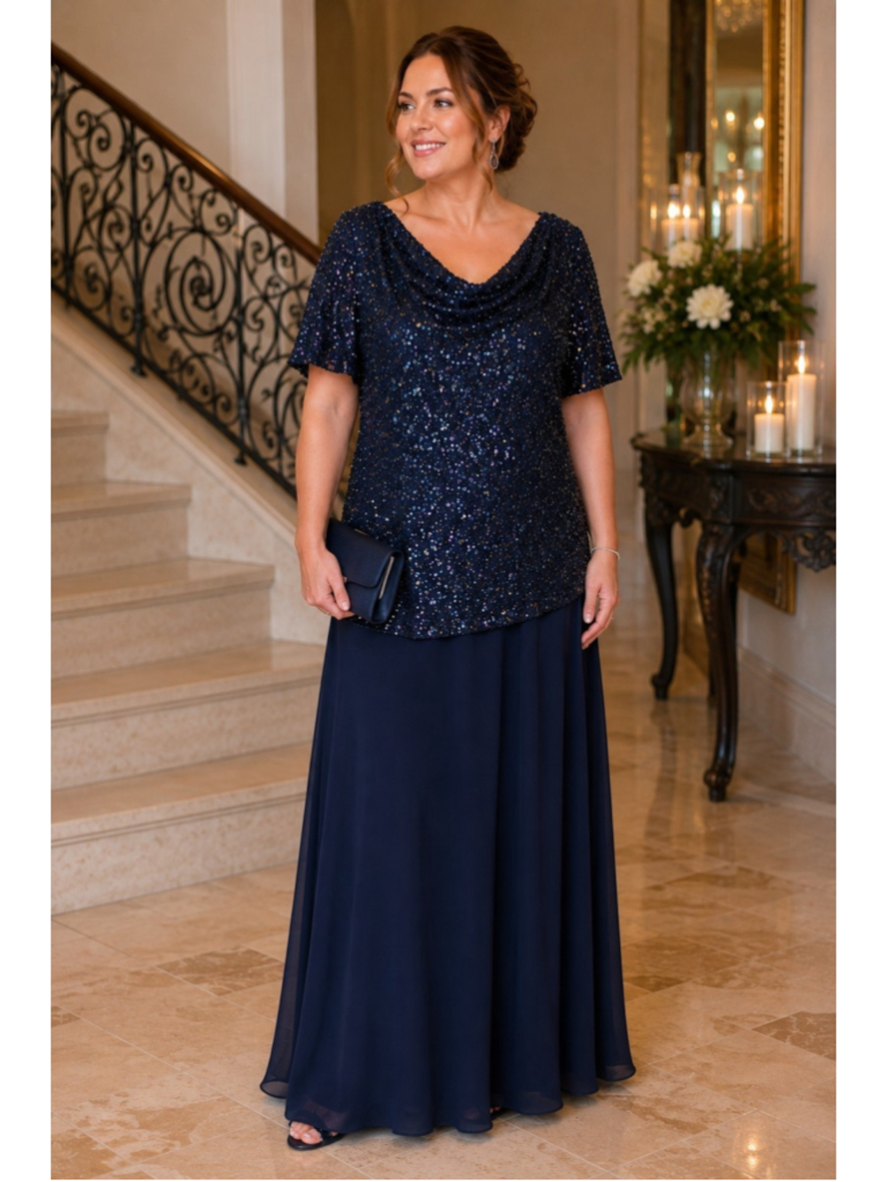J KARA Women Sz 14W Navy Blue Sequin Beaded Formal Evening Gown Cowl Neck Maxi